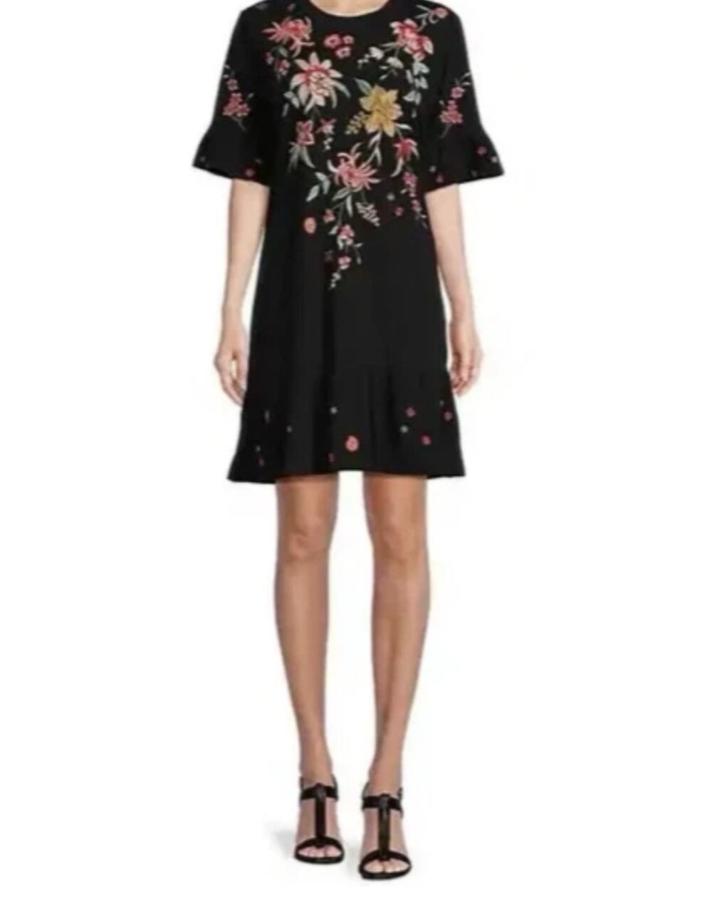 Johnny Was Ruffle Sleeve Knit Dress Emboroid Andrean Black Sz Medium